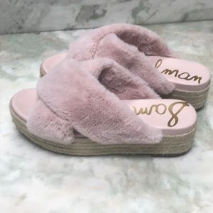 Pink furry platform slip on